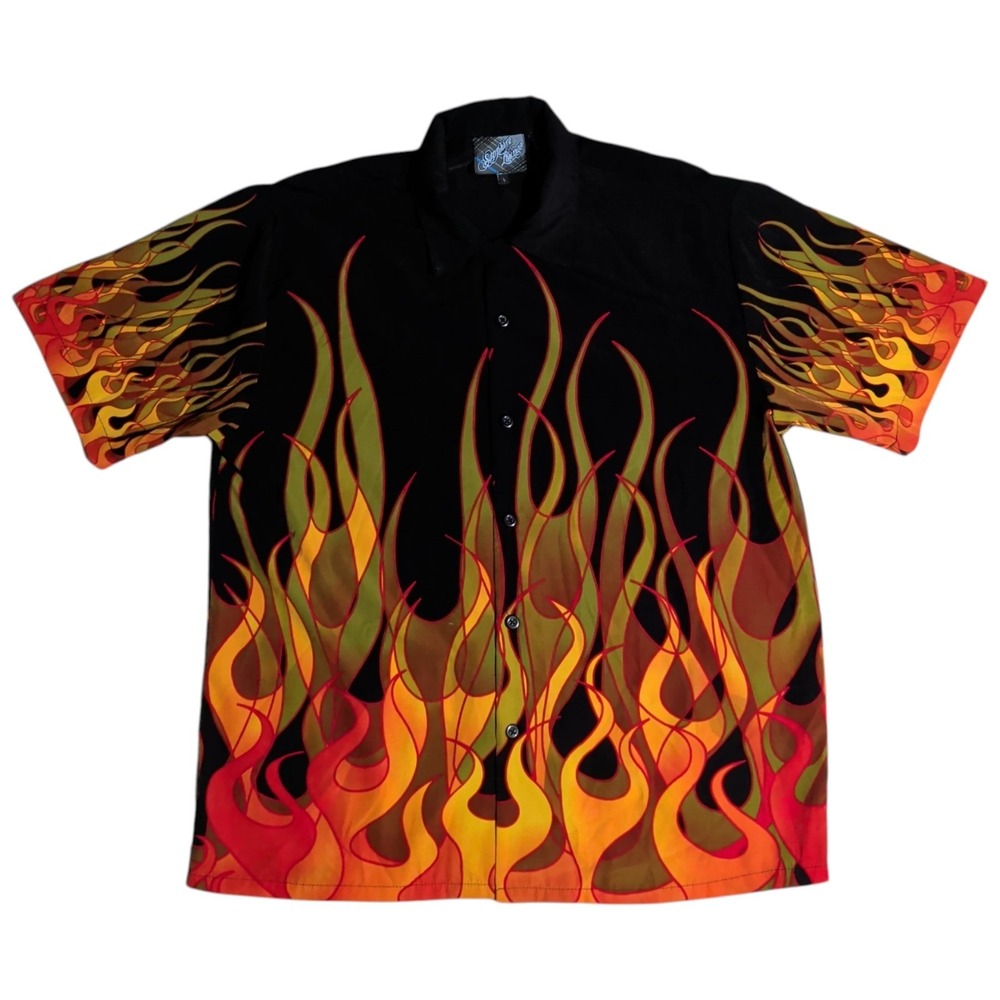 Sapphire Lounge Shirt Mens Size L Black Yellow Y2K Fire Flames Flame Button Up